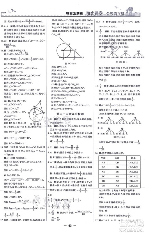 人民教育出版社2021阳光课堂金牌练习册九年级数学上册人教版答案