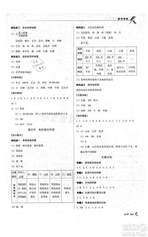 中国地图出版社2021全优点练课计划七年级上册地理人教版参考答案