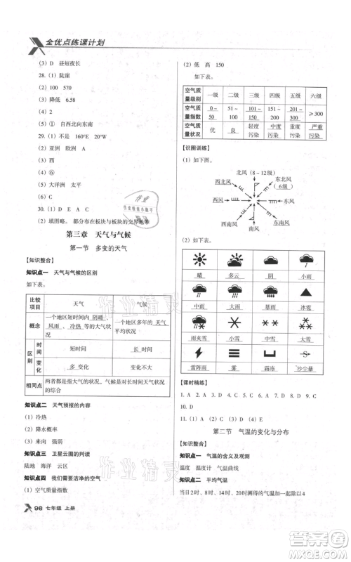 中国地图出版社2021全优点练课计划七年级上册地理人教版参考答案