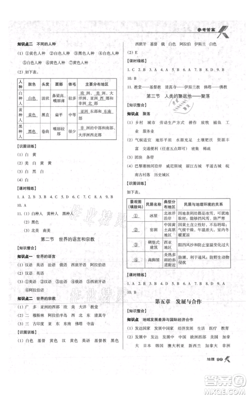 中国地图出版社2021全优点练课计划七年级上册地理人教版参考答案