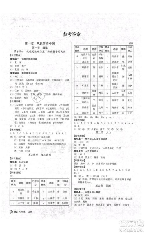 中国地图出版社2021全优点练课计划八年级上册地理人教版参考答案