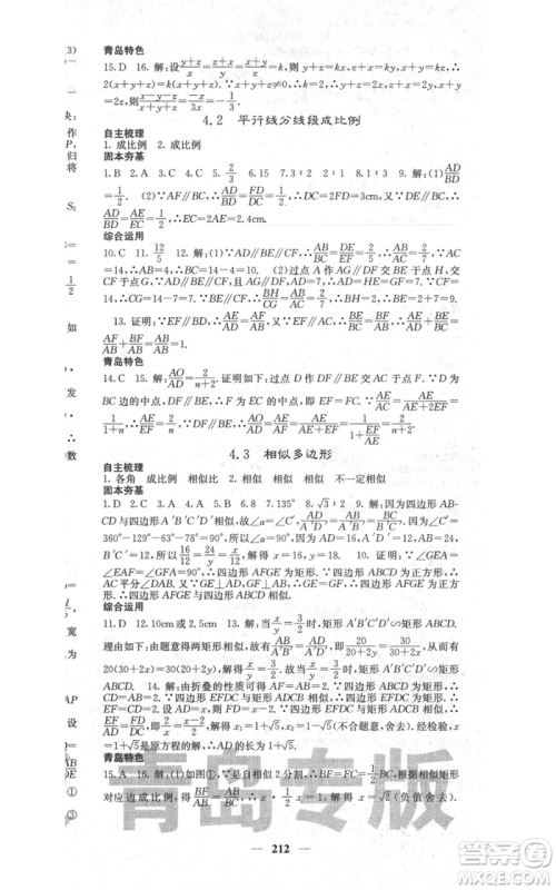 四川大学出版社2021名校课堂内外九年级上册数学北师大版青岛专版参考答案