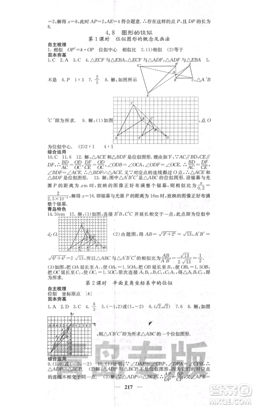 四川大学出版社2021名校课堂内外九年级上册数学北师大版青岛专版参考答案