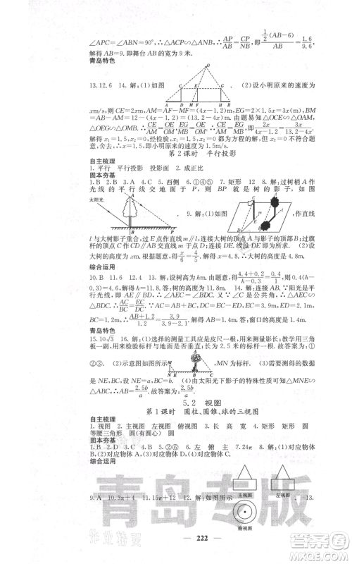 四川大学出版社2021名校课堂内外九年级上册数学北师大版青岛专版参考答案