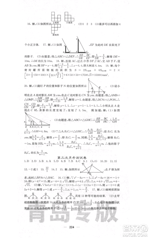 四川大学出版社2021名校课堂内外九年级上册数学北师大版青岛专版参考答案