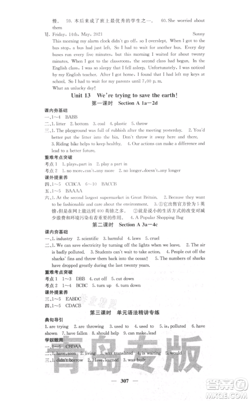 沈阳出版社2021名校课堂内外九年级英语人教版青岛专版参考答案 沈阳出版社2021名校课堂内外九年级英语人教版青岛专版参考答案