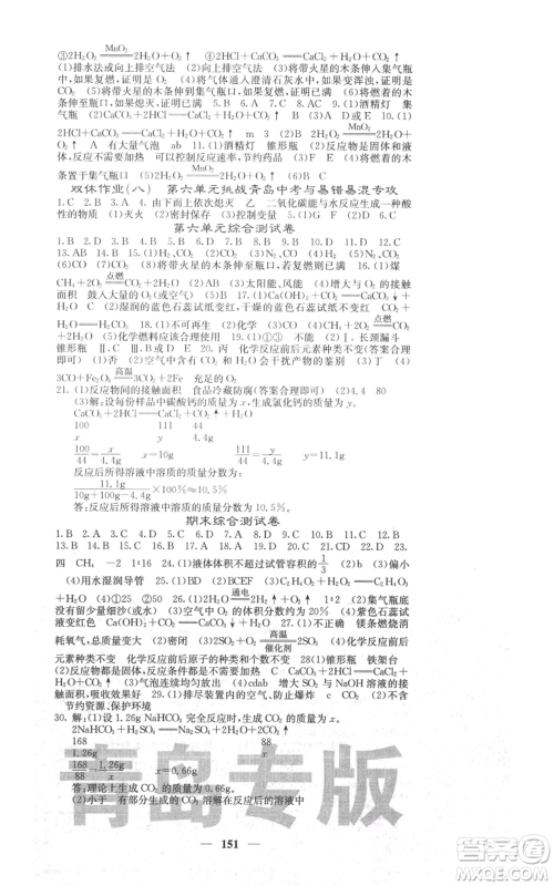 四川大学出版社2021名校课堂内外九年级上册化学鲁教版青岛专版参考答案