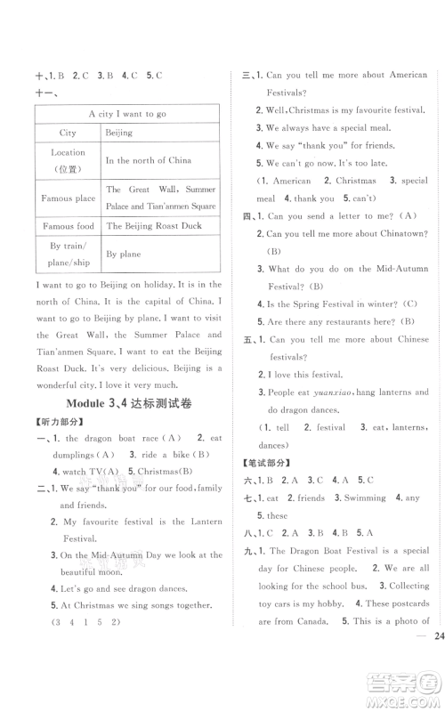 吉林人民出版社2021全科王同步课时练习六年级上册英语外研版参考答案