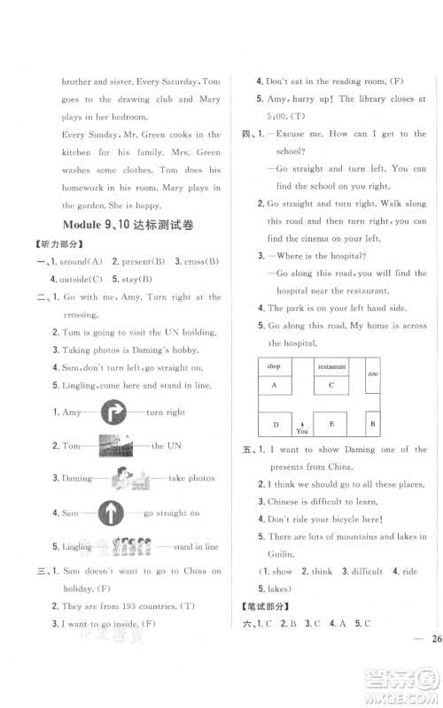 吉林人民出版社2021全科王同步课时练习六年级上册英语外研版参考答案