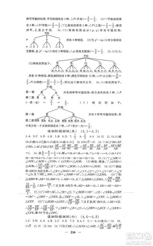 四川大学出版社2021课堂点睛九年级数学上册北师版答案