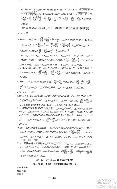 四川大学出版社2021课堂点睛九年级数学上册冀教版答案