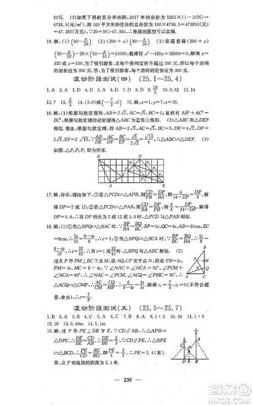 四川大学出版社2021课堂点睛九年级数学上册冀教版答案