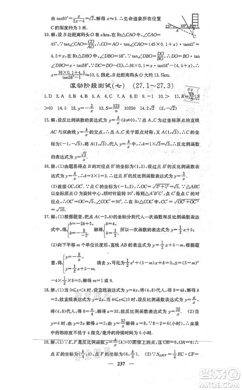 四川大学出版社2021课堂点睛九年级数学上册冀教版答案