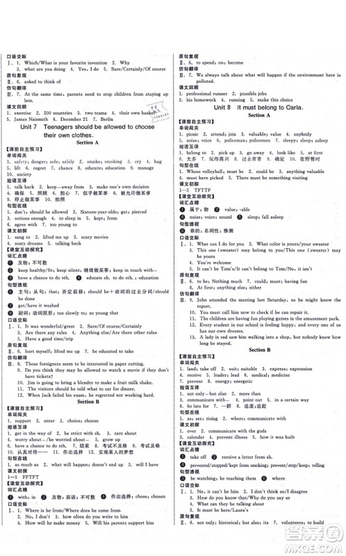 沈阳出版社2021全品学练考作业手册九年级英语AB本RJ人教版浙江专版答案