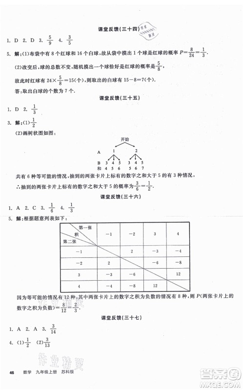 阳光出版社2021全品学练考听课手册九年级数学上册SK苏科版徐州专版答案