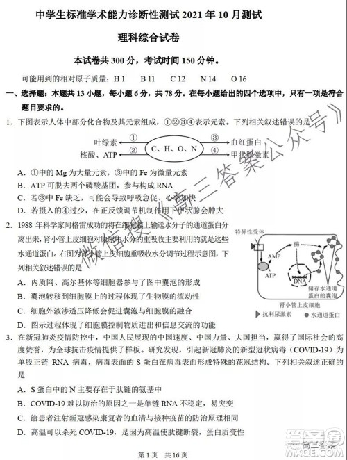 中学生标准学术能力诊断性测试2021年10月测试理科综合试卷及答案