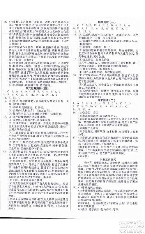 阳光出版社2021全品学练考九年级历史上册人教版答案