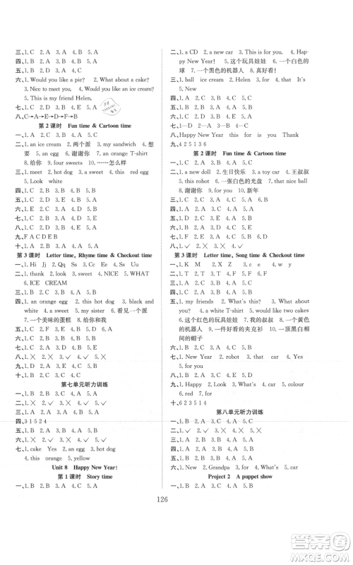 希望出版社2021阳光课堂课时作业三年级英语上册译林版参考答案