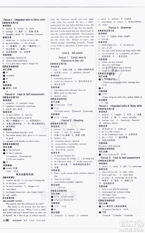 阳光出版社2021全品学练考听课手册九年级英语YLNJ译林牛津版徐州专版答案
