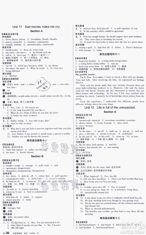 延边教育出版社2021全品学练考作业手册九年级英语RJ人教版包头专版答案