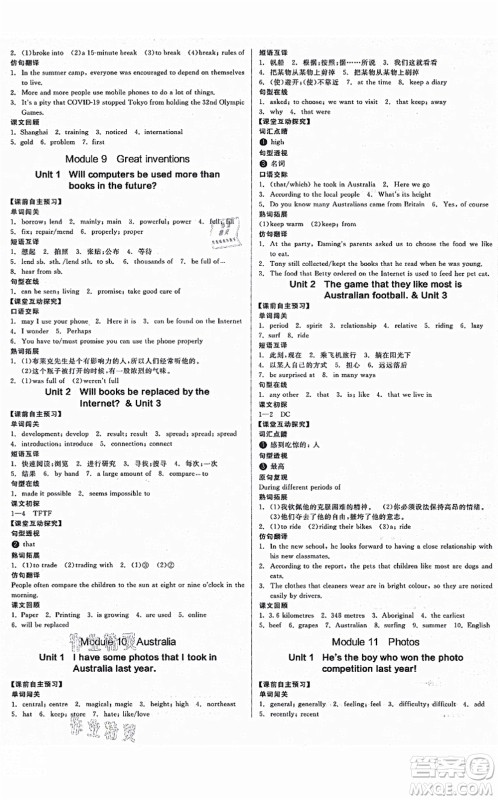 延边教育出版社2021全品学练考作业手册九年级英语AB本WY外研版浙江专版答案