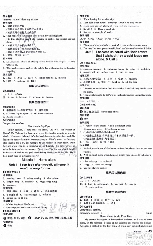 沈阳出版社2021全品学练考作业手册九年级英语WY外研版广西专版答案
