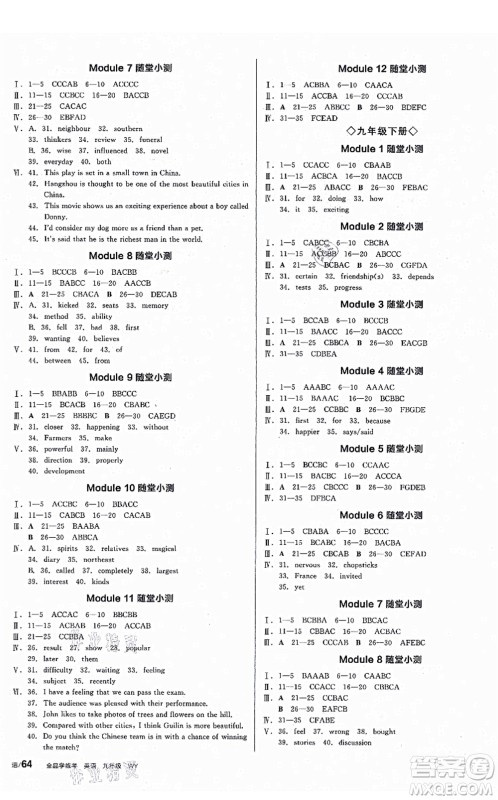 沈阳出版社2021全品学练考作业手册九年级英语WY外研版广西专版答案