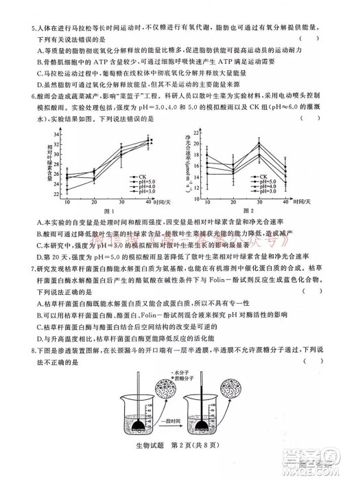 2022届普通高等学校全国统一招生考试青桐鸣10月大联考生物试题及答案