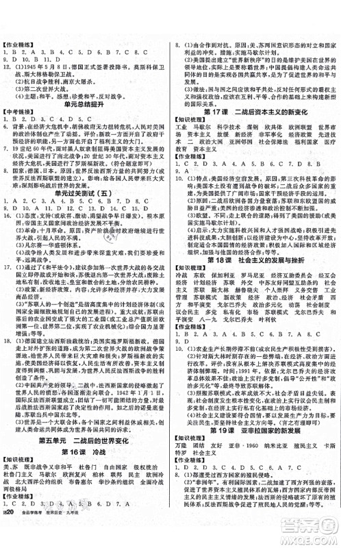 沈阳出版社2021全品学练考九年级历史人教版广西专版答案 沈阳出版社2021全品学练考九年级历史人教版广西专版答案