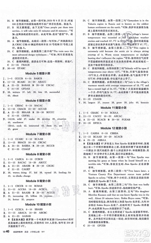 河北科学技术出版社2021全品学练考听课手册八年级英语上册WY外研版广西专版答案