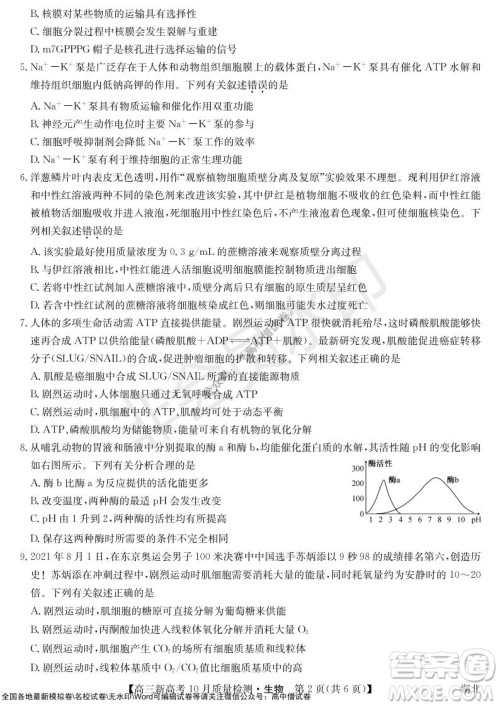 2022届九师联盟高三新高考10月质量检测生物试题及答案 2022届九师联盟高三新高考10月质量检测生物试题及答案