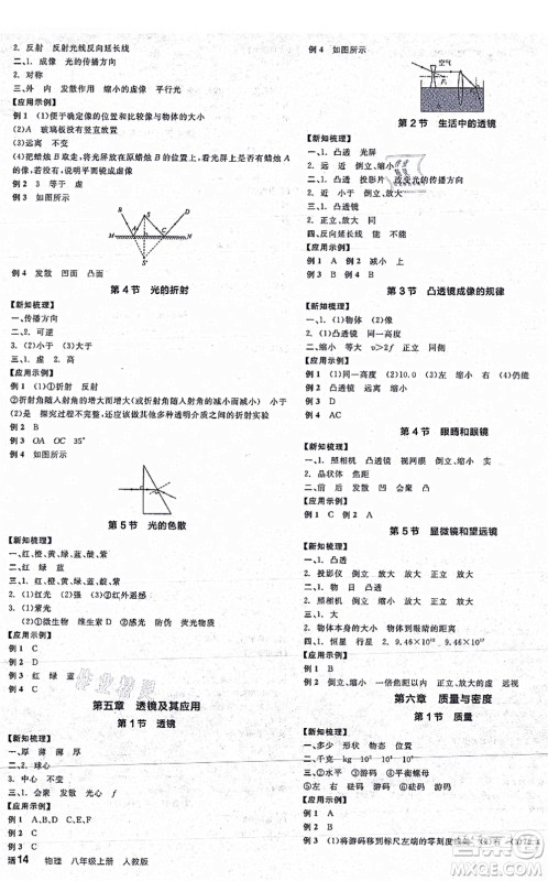 阳光出版社2021全品学练考听课手册八年级物理上册RJ人教版江西专版答案