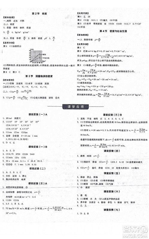 阳光出版社2021全品学练考听课手册八年级物理上册RJ人教版江西专版答案