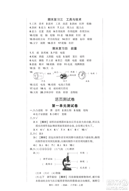 武汉出版社2021状元成才路创优作业100分六年级上册科学教科版参考答案 武汉出版社2021状元成才路创优作业100分六年级上册科学教科版参考答案