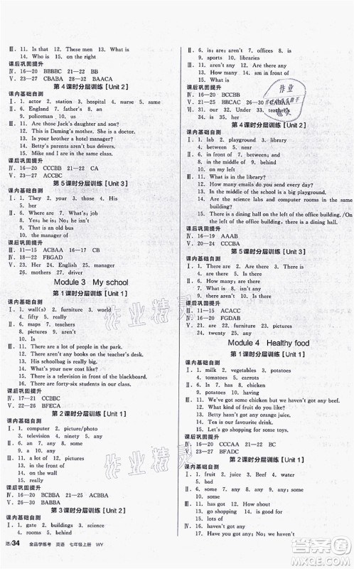 沈阳出版社2021全品学练考听课手册七年级英语WY外研版广西专版答案