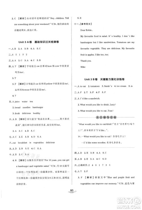 江西人民出版社2021王朝霞培优100分五年级上册英语人教版参考答案