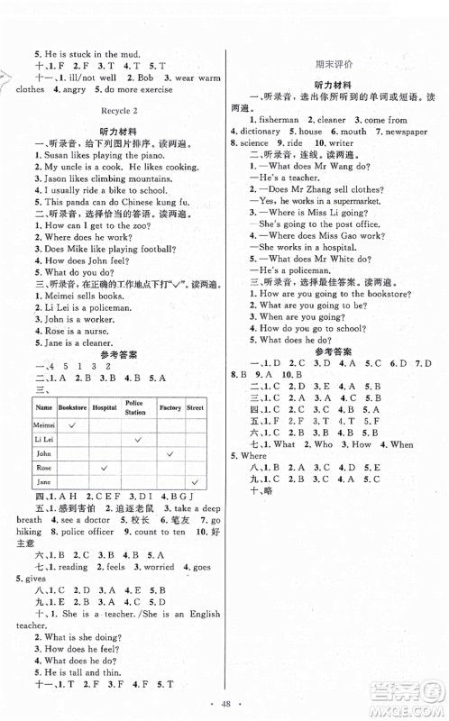 内蒙古教育出版社2021小学同步学习目标与检测六年级英语上册人教版答案