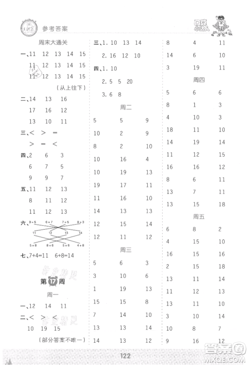 江西人民出版社2021王朝霞口算小达人一年级上册数学人教版参考答案