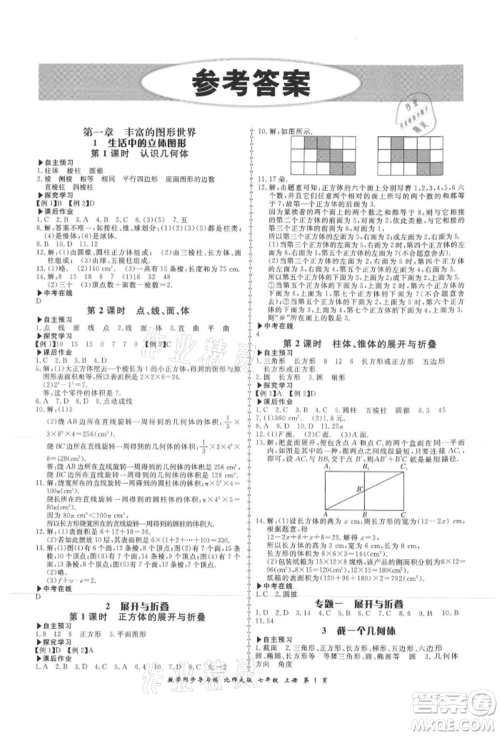 郑州大学出版社2021新学案同步导与练七年级上册数学北师大版参考答案