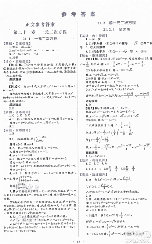 内蒙古教育出版社2021初中同步学习目标与检测九年级数学全一册人教版答案