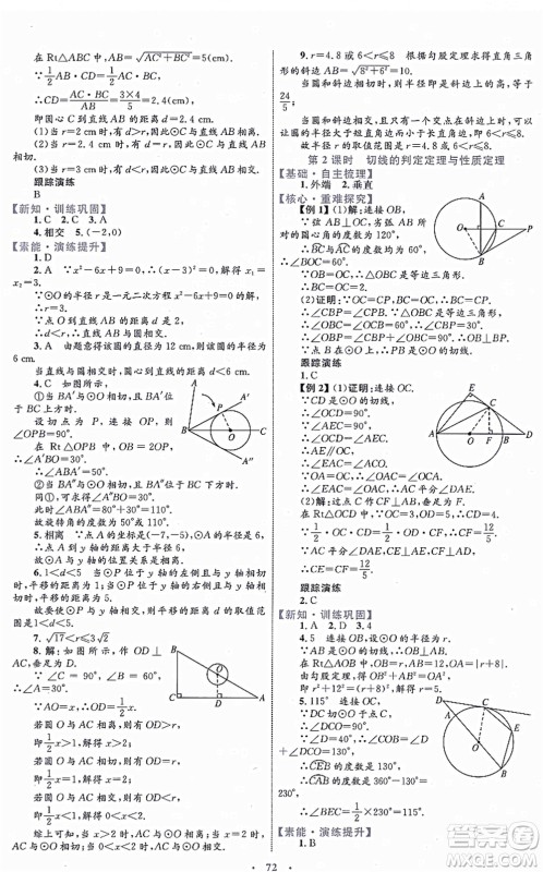 内蒙古教育出版社2021初中同步学习目标与检测九年级数学全一册人教版答案