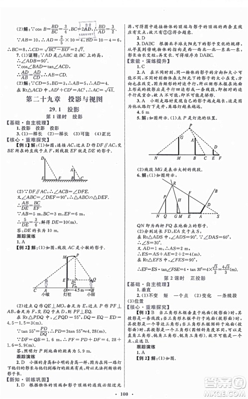 内蒙古教育出版社2021初中同步学习目标与检测九年级数学全一册人教版答案