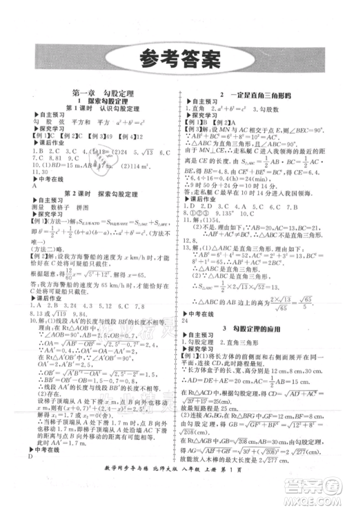 郑州大学出版社2021新学案同步导与练八年级上册数学北师大版参考答案