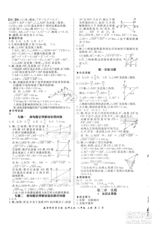 郑州大学出版社2021新学案同步导与练八年级上册数学北师大版参考答案