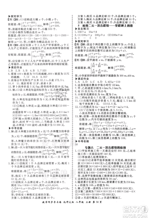 郑州大学出版社2021新学案同步导与练八年级上册数学北师大版参考答案