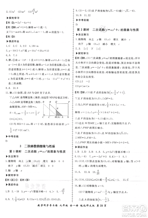 郑州大学出版社2021新学案同步导与练九年级数学北师大版参考答案