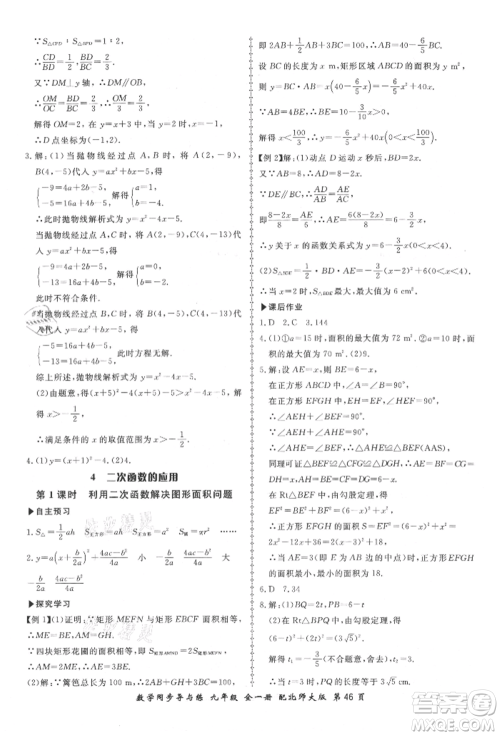 郑州大学出版社2021新学案同步导与练九年级数学北师大版参考答案