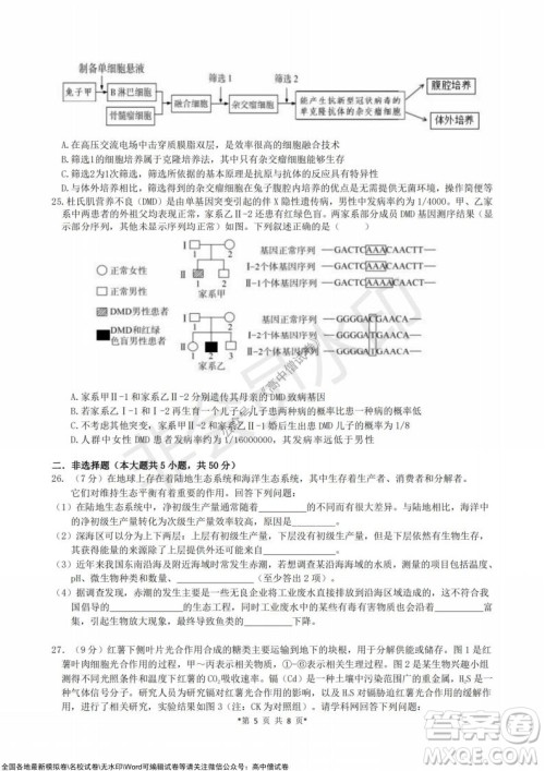 浙江省云峰联盟2022届高三10月联考生物试卷及答案 浙江省云峰联盟2022届高三10月联考生物试卷及答案