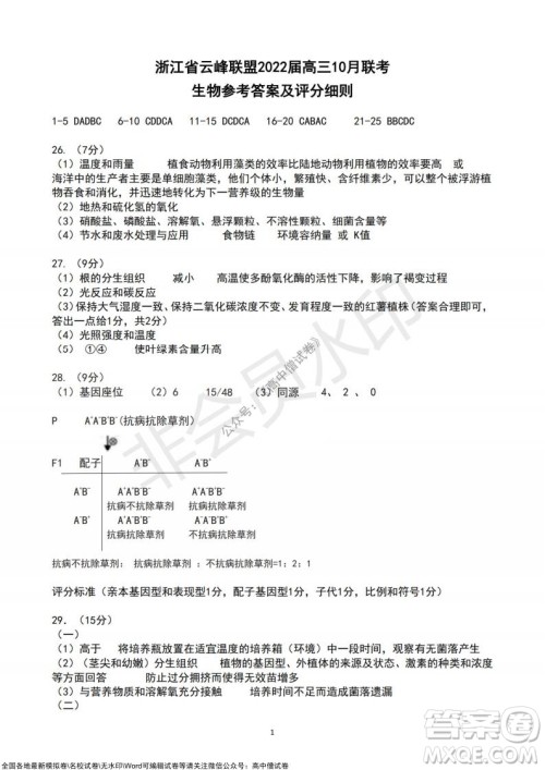 浙江省云峰联盟2022届高三10月联考生物试卷及答案 浙江省云峰联盟2022届高三10月联考生物试卷及答案