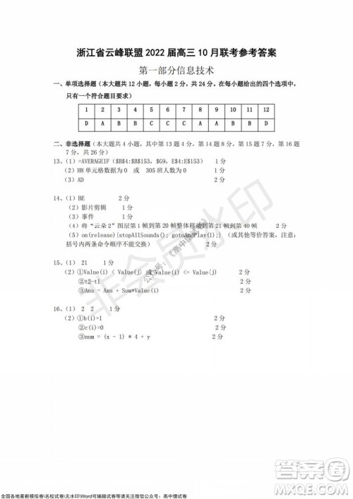 浙江省云峰联盟2022届高三10月联考技术试卷及答案 浙江省云峰联盟2022届高三10月联考技术试卷及答案